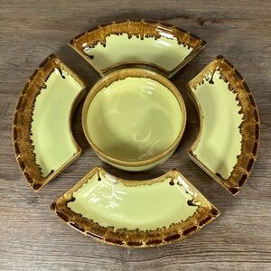 Vtg Lazy Susan Yellow & Brown Drip Ceramic Relish Tray 5 Bowls Set - Only Dishes